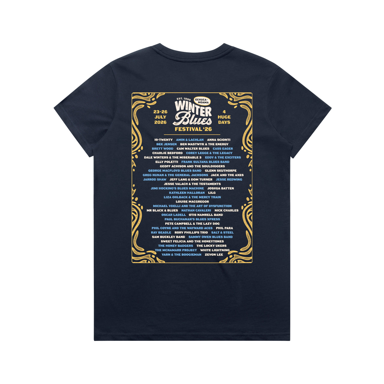 Echuca Moama Winter Blues 2026 Ladies Band List Tee