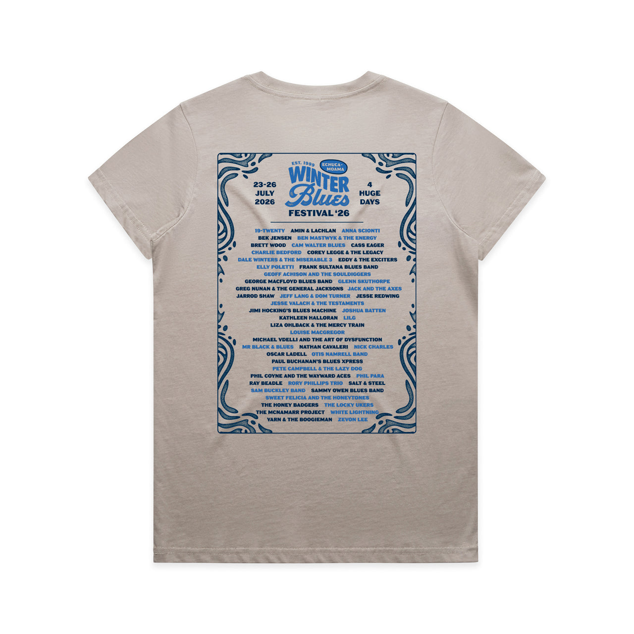 Echuca Moama Winter Blues 2026 Ladies Band List Tee