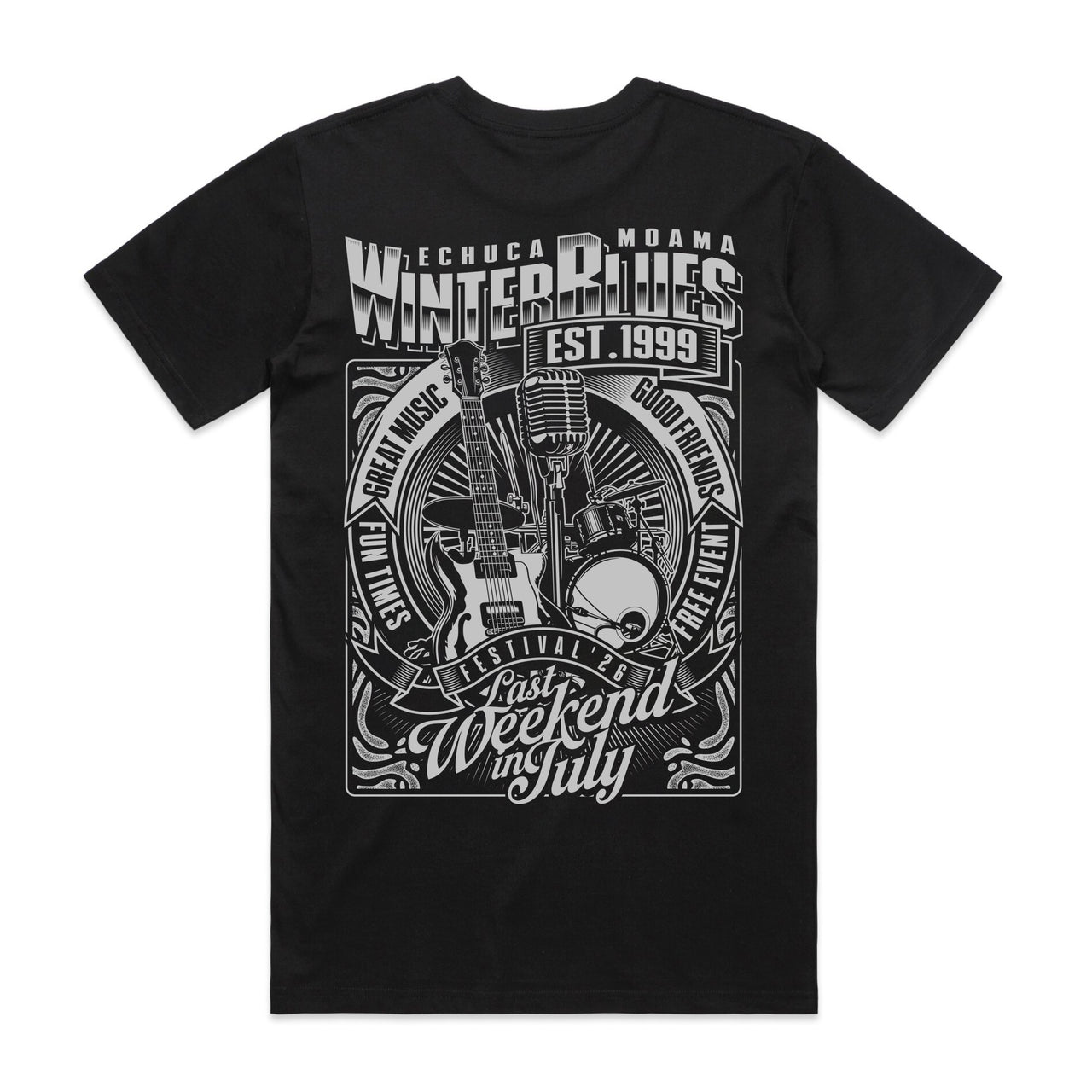 Echuca Moama Winter Blues 2026 Grey Guitar Men’s Black Tee