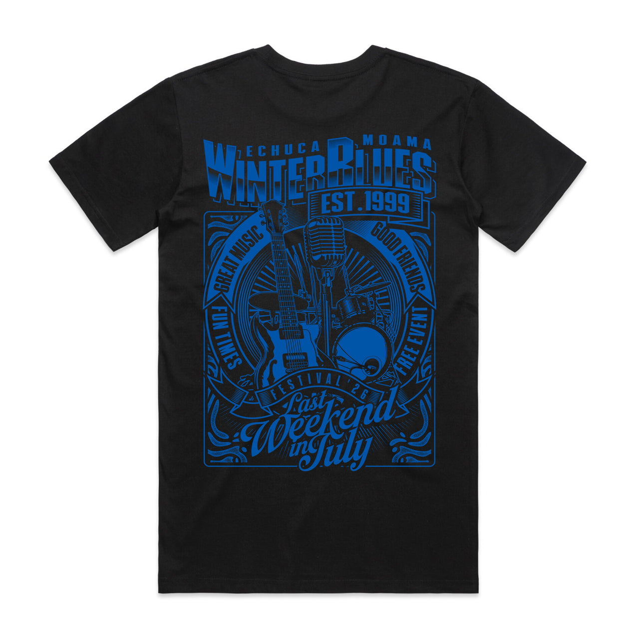 Echuca Moama Winter Blues 2026 Blue Guitar Men’s Tee