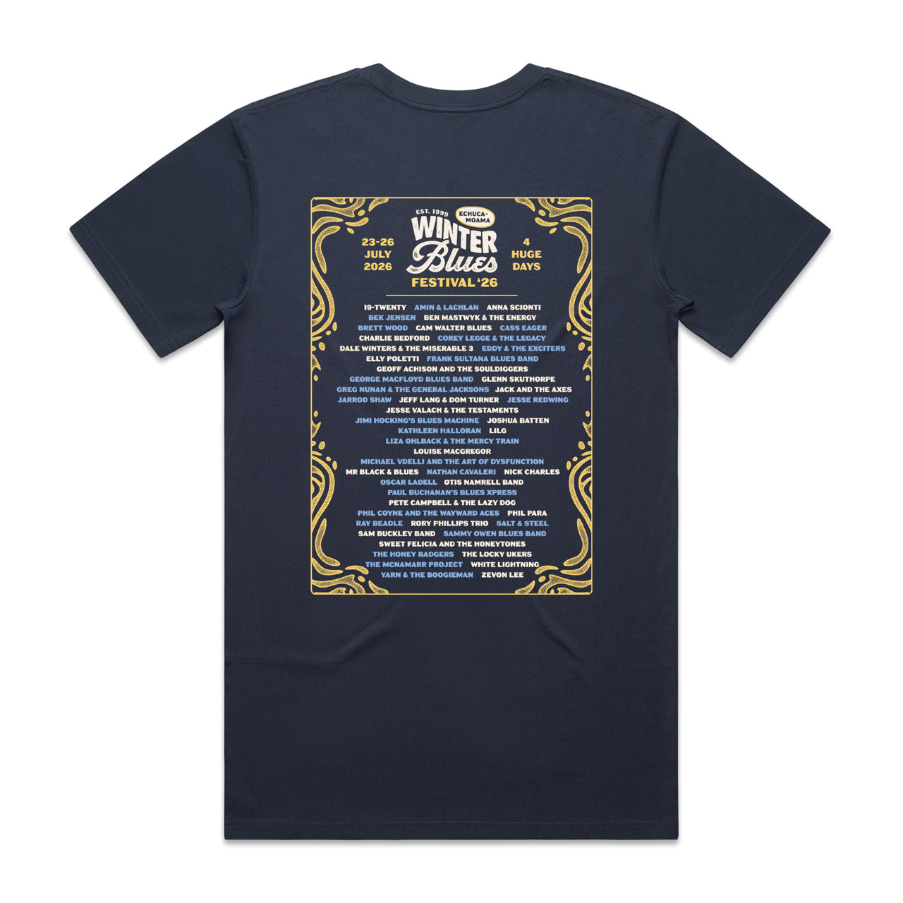 Echuca Moama Winter Blues 2026 Men's Band List Tee