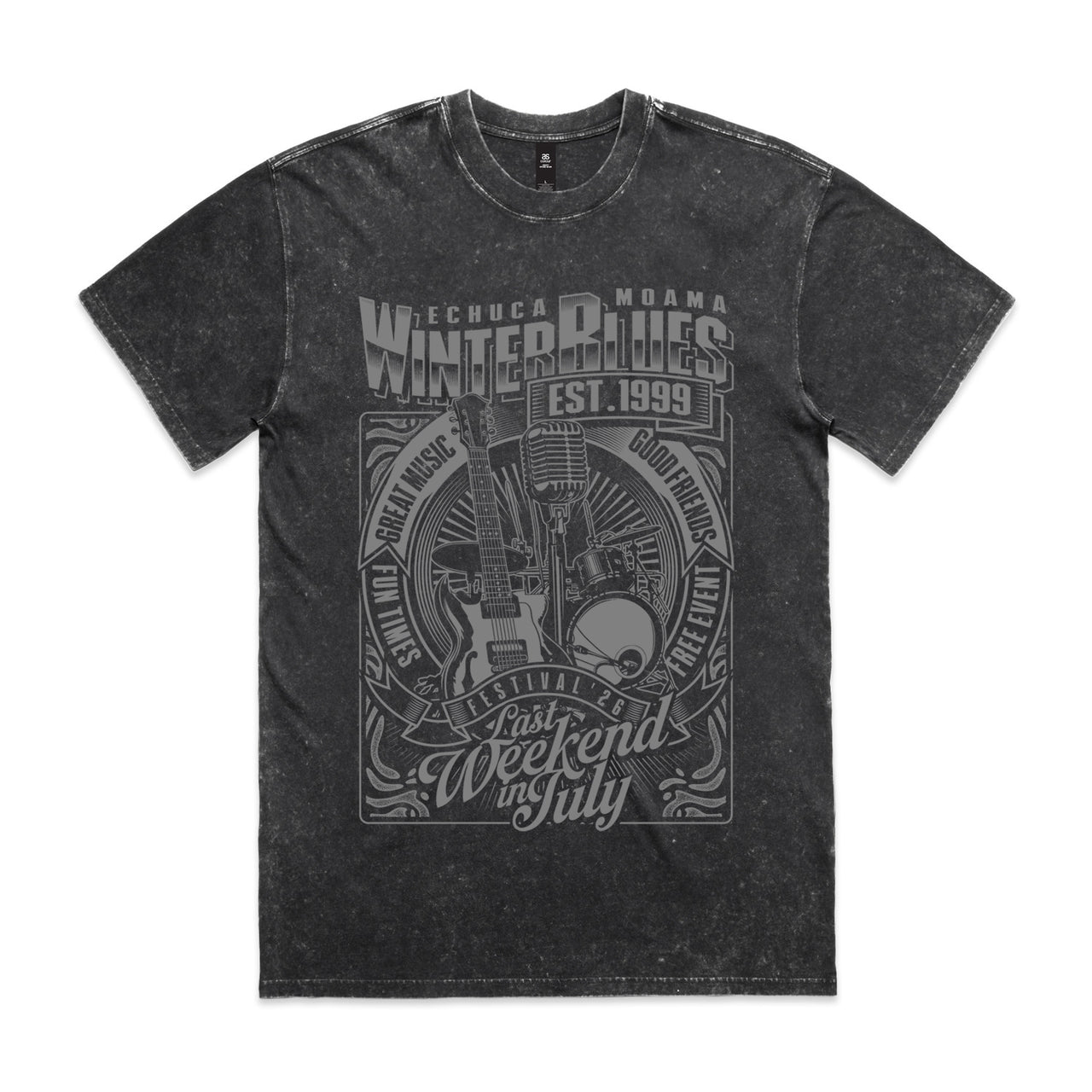Echuca Moama Winter Blues 2026 Men's Stone Wash Heavy Guitar Tee
